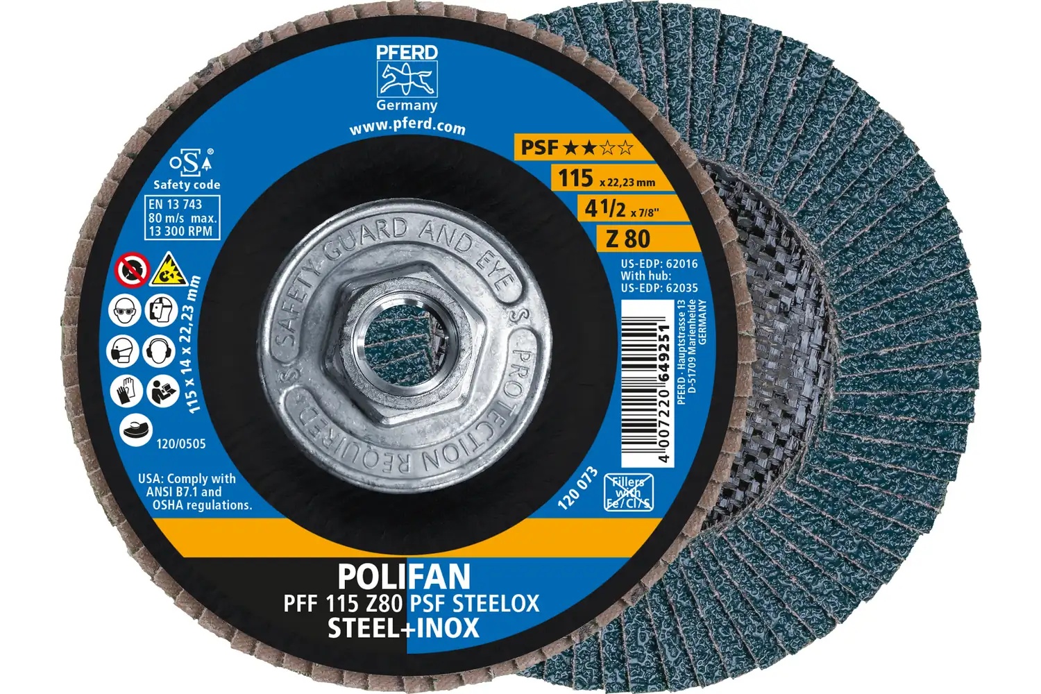 Picture of Pferd Flap Disc, 4-1/2" x 5/8-11, Z PSF Steelox, 80 Grit, T27, Flat, Zirconia